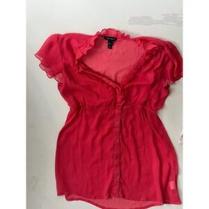 Women's Office siren Business Sheer Romantic Red Ruffled Button Blouse Sz LRG